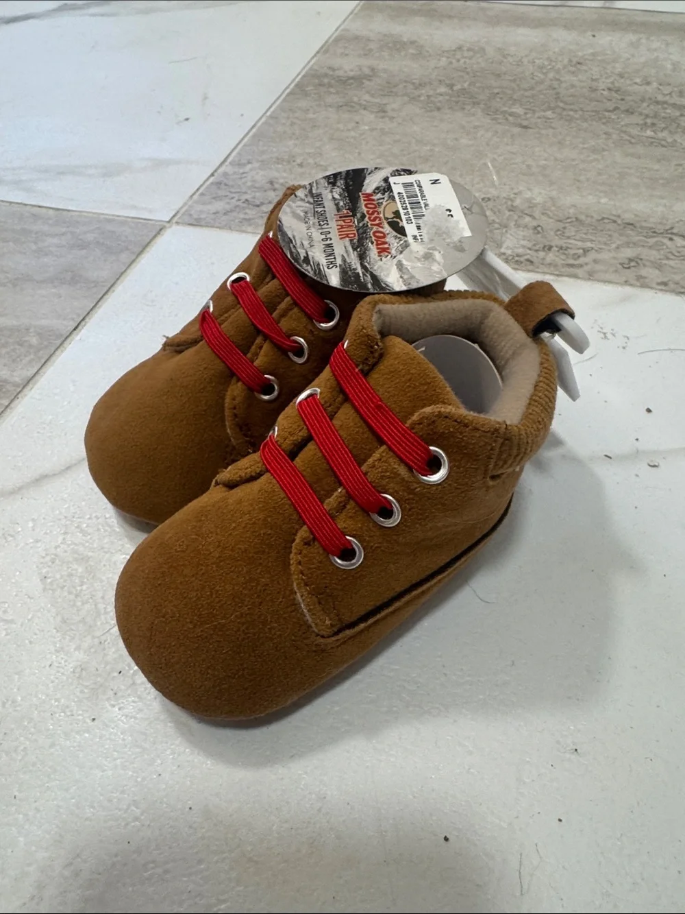 Mossy Oak Tan Baby Walker Shoes with Red Laces